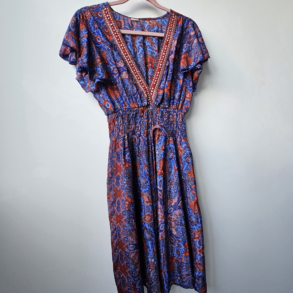 Art Silk Made In India Purple & Red Jeweled Smoked Boho Flutter Sleeve Dress - Picture 4 of 14